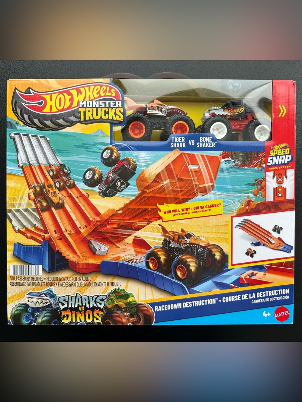Hot Wheels Monster Trucks ~ Tiger Shark vs Bone Shaker Race Down Destruction